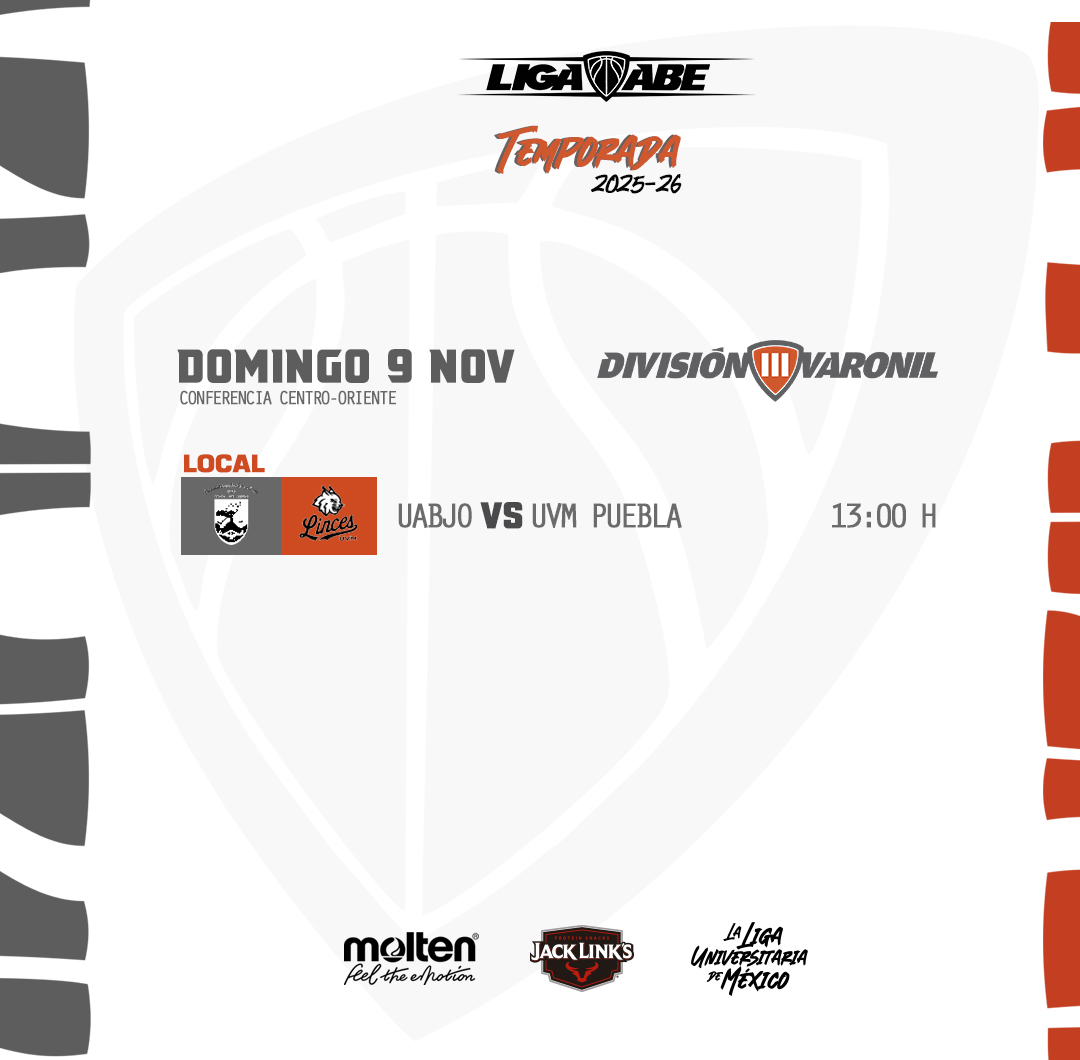 🗓️ #AgendaABE DIII Varonil.

Resultados y Estadísticas en abemexico.org #LigaABE | #MoltenMéxico | #JackLinksLatam