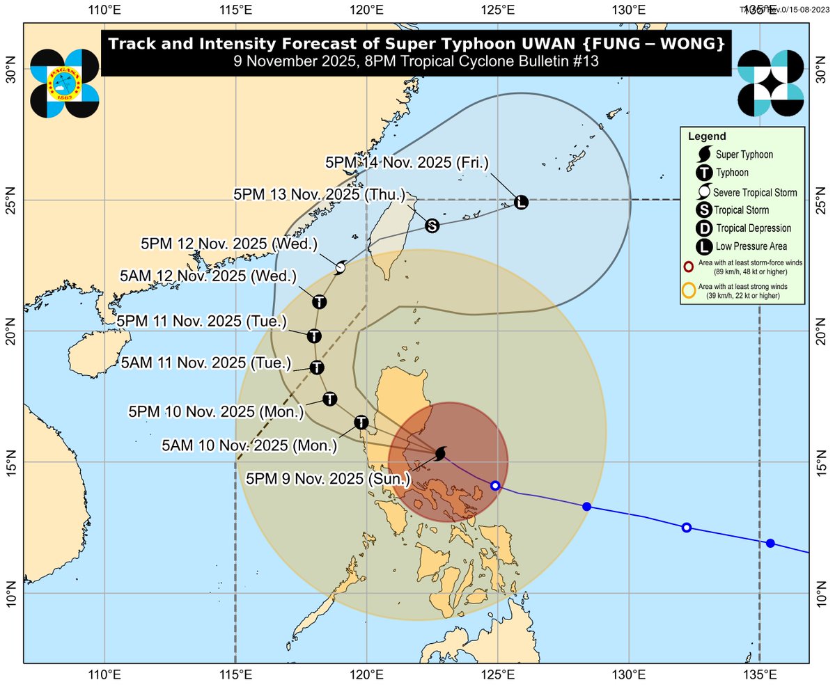 dost_pagasa's tweet image. TROPICAL CYCLONE BULLETIN NR. 13
Super Typhoon #UwanPH (FUNG-WONG)
Issued at 8:00 PM, 09 November 2025
Valid for broadcast until the next bulletin at 11:00 PM today.

SUPER TYPHOON “UWAN” IS ABOUT TO MAKE LANDFALL OVER THE CENTRAL OR NORTHERN PORTION OF AURORA

Link:…