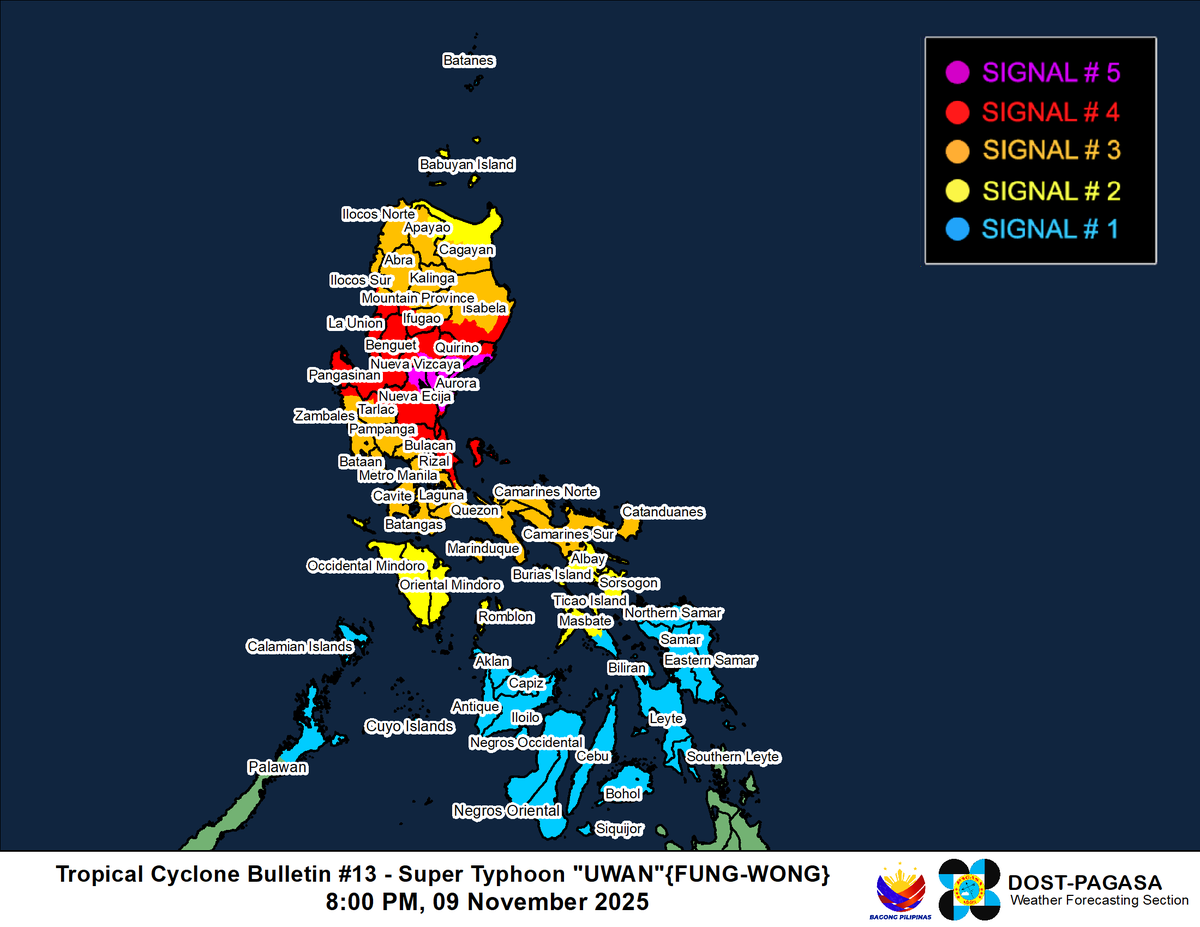 dost_pagasa's tweet image. TROPICAL CYCLONE BULLETIN NR. 13
Super Typhoon #UwanPH (FUNG-WONG)
Issued at 8:00 PM, 09 November 2025
Valid for broadcast until the next bulletin at 11:00 PM today.

SUPER TYPHOON “UWAN” IS ABOUT TO MAKE LANDFALL OVER THE CENTRAL OR NORTHERN PORTION OF AURORA

Link:…