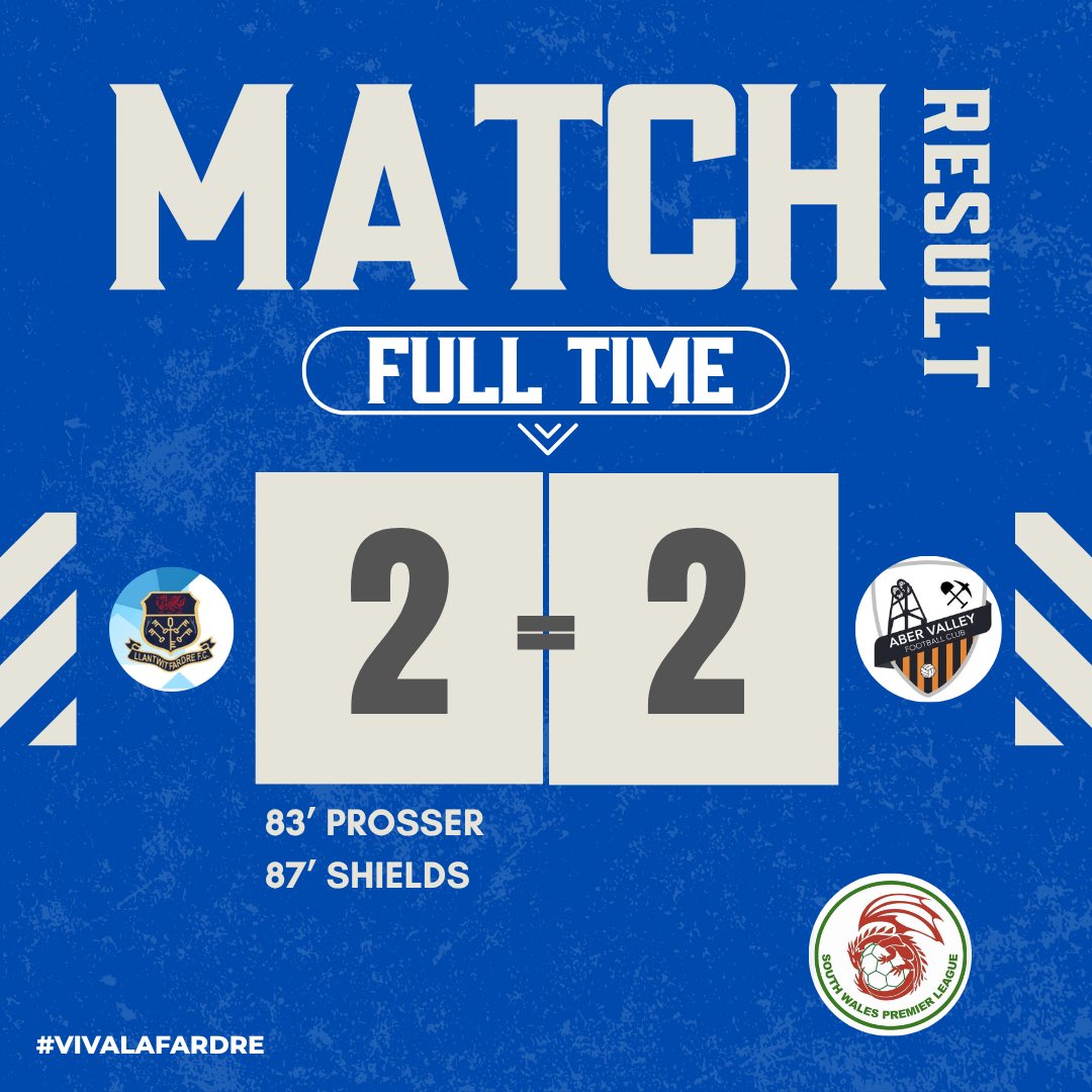 Match result⬇️

2 late goals from Prosser and Shields earns us 1 point in a tight game against a hard to break down Aber Valley FC side🔵

#VivaLaFardre #LlantwitFardreFC