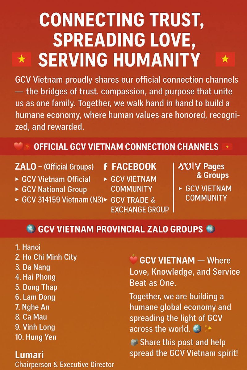 PiGCVVN's tweet photo. ❤️🇻🇳 GCV QUỐC GIA VIỆT NAM – KẾT NỐI NIỀM TIN, LAN TỎA YÊU THƯƠNG, PHỤNG SỰ NHÂN LOẠI 🇻🇳❤️

❤️🇻🇳 GCV Quốc Gia Việt Nam xin trân trọng gửi đến toàn thể cộng đồng những đường liên kết chính thức – như những sợi dây kết nối của niềm tin, tình thương và sứ mệnh.
Chúng ta cùng nắm tay nhau, cùng bước đi trên hành trình kiến tạo một nền kinh tế nhân văn, nơi giá trị con người được tôn vinh và công nhận xứng đáng.

❤️🇻🇳 CÁC KÊNH KẾT NỐI CHÍNH THỨC CỦA GCV VIỆT NAM 🇻🇳❤️

🔗 Zalo: [Link nhóm Zalo chính thức GCV Việt Nam] https://t.co/RC5pnLBMf7    
Zalo: https://t.co/fX7hiGPHCk
   Zalo: (N3) GCV 314159 Việt Nam https://t.co/Jc4P8kfmBn

📘 Facebook: [Link fanpage hoặc nhóm FB chính thức]
Facebook : CỘNG ĐỒNG https://t.co/OdBLWrDSOG

Facebook: TRAO ĐỔI HÀNG HOÁ https://t.co/HfCcwkUrP5

▶️ YouTube: [Link kênh YouTube chính thức GCV Việt Nam] https://t.co/E6FaXOYYFQ

Danh sách nhóm Zalo GCV các tỉnh thành:
1.  Hà Nội: https://t.co/rNlVG1zLOi
2.  TpHCM: https://t.co/55cD12yy4N
3.  Đà Nẵng: https://t.co/frMIbeGyxt
4.  Hải Phòng:https://t.co/u2KOFdLAeu
5.   Đồng Tháp: https://t.co/w2ueN0YliN
6.   Lâm Đồng:https://t.co/ytdS5cejLF
7.   Nghệ an: https://t.co/2IOYqOXiNR
8.   Cà Mau: https://t.co/duDQsGMhJz
9.   Vĩnh Long :https://t.co/zTrbeKlibF
10. Hưng Yên: https://t.co/Sfsy7BAXyp
11. Quảng Ninh:https://t.co/n897YFQrQH
12. Lào Cai +Yên Bái https://t.co/XnXkyb6awT
13. Sơn La: https://t.co/9CMtg6eQUW
14. Thanh Hoá: https://t.co/VBW5hWnkBm
15. Ninh Bình :https://t.co/DGm54fpwF0
16. Thái Nguyên: https://t.co/8mFYWwMXlo                                                                                                              17. Gia Lai: https://t.co/CgRID5fcAR
18. Đồng Nai: https://t.co/VuqlvuLnjA
19. Quảng Trị: https://t.co/GRs4fKMXal
20. Phú Thọ: https://t.co/473hbyNuls
21. Hà Tĩnh :https://t.co/7SyEnWp2D9
22. An Giang: https://t.co/HHYdoHIOjc
23. Tuyên Quang: https://t.co/461ti2V5sF
24. Cao Bằng :https://t.co/f7kP7zR1xp
25. Tây Ninh : https://t.co/hf2e63KUS2
26. Quảng Ngãi :https://t.co/3pqbaBXePP
27. Lai Châu :https://t.co/4C1YBPLN90
28. Cần Thơ :https://t.co/DdjohBJxB7                                   
29. Bắc Ninh :(BG Cũ )https://t.co/ikDPHeMFYP
30. Điện Biên:https://t.co/UBhAdkaRb4
31. Huế:https://t.co/gFhAGvBpFn
32 :Khánh Hòa +Ninh Thuận :https://t.co/7xwvnFHic9
33: DakLak + Phú Yên:https://t.co/cxVZf6DNUf
34: Lạng Sơn: https://t.co/J2C8qtjOHF
35. Hoa Kỳ: https://t.co/iw5oJ28mi9. Nhật Bản: https://t.co/xa2nA1cSwh

❤️🇻🇳 GCV VIỆT NAM – Nơi tình yêu, tri thức và phụng sự cùng hoà chung một nhịp đập.
Cùng nhau, chúng ta xây nền kinh tế nhân văn, mang ánh sáng của GCV lan tỏa khắp năm châu.