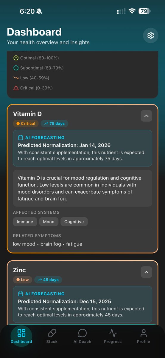 kylekane's tweet photo. Day 15 Part 2 : Build in Public
AI Supplement App 
Join the waitlist. 

https://t.co/erFHS4Ymfw

Realized you couldn't read the log all supplements so adjusted that, also added logic that wouldn't allow a suggested supplement to be in the a duplicate of a user added supplement. Adjust the bottom menu to always show the title no matter if its selected or not.