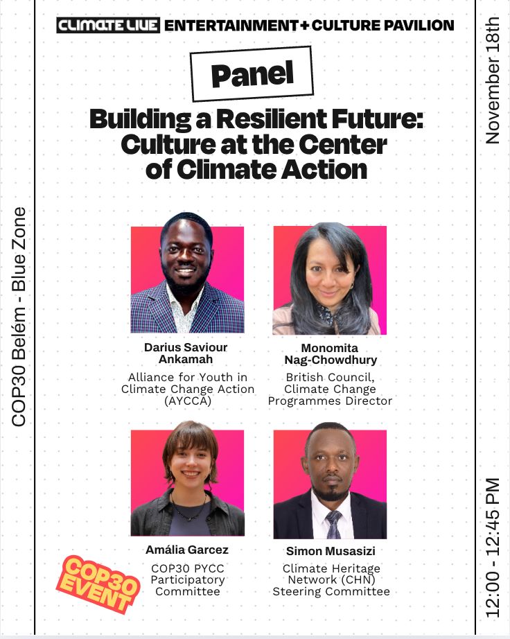 Culture drives Climate Action!
Join us at the Climate Live Entertainment + Culture Pavilion at #COP30 🌿
🗓️ Nov 18 | 12:00–12:45 PM | Blue Zone, Belém
🎙️ Panel: Building a Resilient Future: Culture at the Center of Climate Action
🌐 luma.com/climatelive.ec…