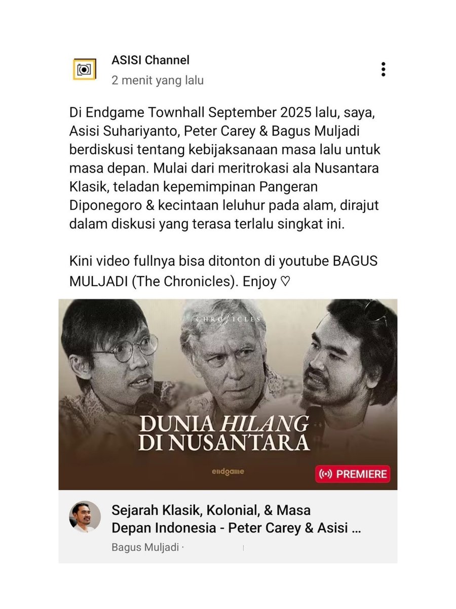 Di Endgame Townhall September 2025, saya, Asisi Suhariyanto, Peter Carey &amp; Bagus Muljadi berdiskusi ttg kebijaksanaan masa lalu utk masa depan. 

Mulai meritrokasi Nusantara Klasik, teladan Pangeran Diponegoro &amp; kecintaan leluhur pada alam, dibahas: youtu.be/uMqwMCYVquc?si…