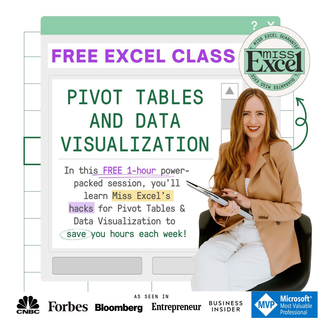 Level up in Excel in one hour!!! 💃🏼 You’re invited to a FREE Excel class with Miss Excel!

🎉 Register Now + Replay Access: start.miss-excel.com/pivotsheets

🗓️ Date / Time: 12PM or 3PM EST

🗯️ Description: In this free 60-minute power-packed session, you will discover Miss Excel’s secret