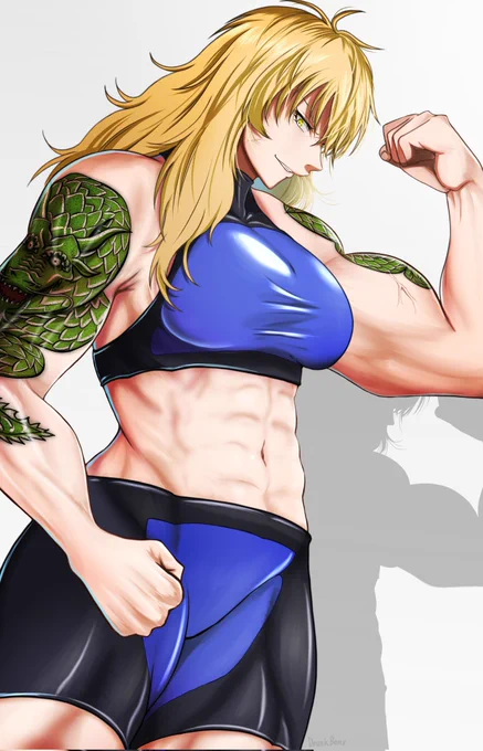 最近お気に入りの裏女子格闘技漫画『一勝千金』の瀬名りこちゃん。 身長184cm、体重83kgでナナハンバイク(約200kg)を喧嘩キックで吹っ飛ばすとってもピュア(脳筋)な女の子。 得意技『ぶん殴る』。