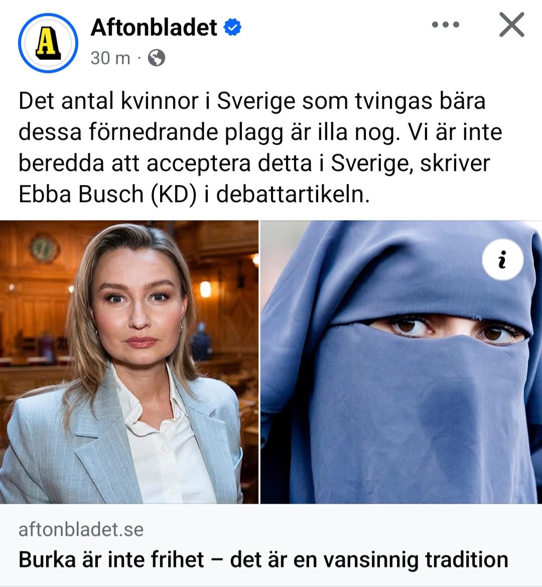 Ebba Busch bryr sig inte om kvinnors frihet, hon bryr sig om att vinna valet. 

Att utmåla ett fåtal kvinnor i burka som ett hot mot Sverige är inte feminism, det är politisk teater byggd på rädsla. 
Det är inte kvinnors frihet Ebba Busch försvarar. 
Det är sin egen valkampanj.