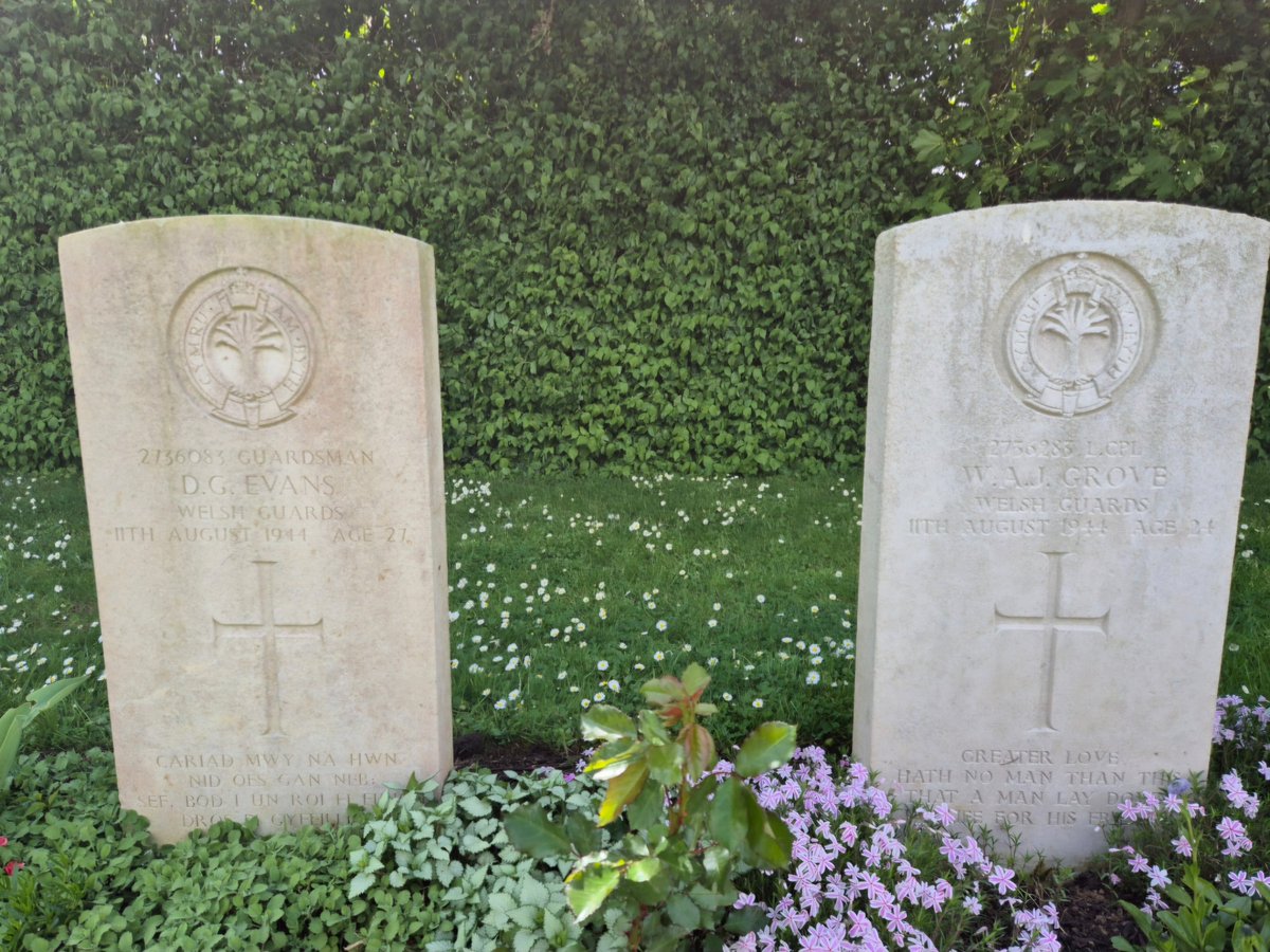 Two Welsh Guardsmen I think of on Remembrance Day, buried side by side in a Normandy cemetery, killed on the same day.

Their epitaphs identical but one in Welsh, one in English:

Greater love hath no man than this, that a man lay down his life for his friends