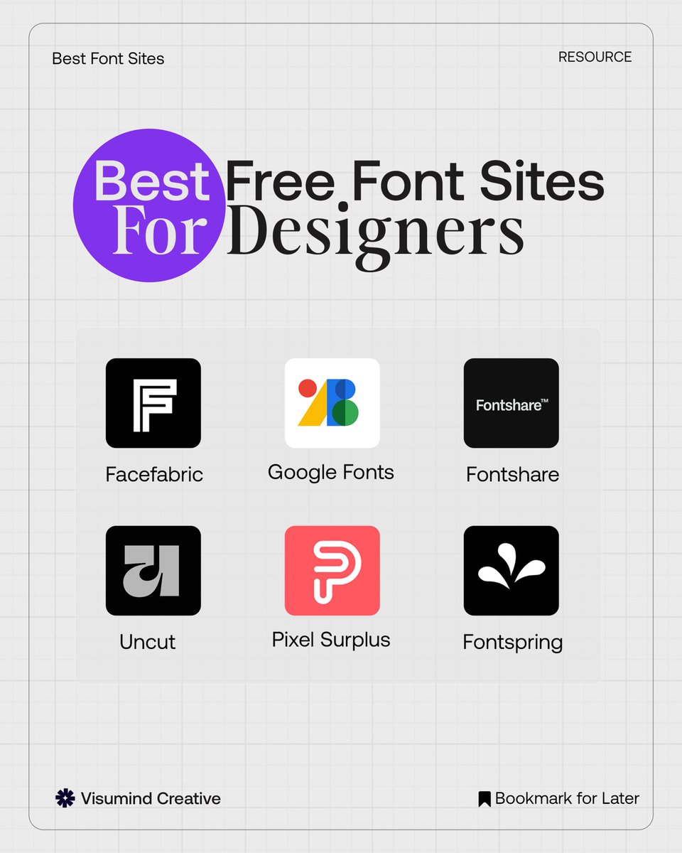 visumindcreat's tweet image. FREE Font Resources Every Designer Needs! 🎨

✦ These resources will explore your projects:
• Google Fonts
• Fontshare
• Fontspring
• Facefabric
• Uncut
• Pixel Surplus

↗ Bookmark this for your next design project

#FreeFonts #DesignResources