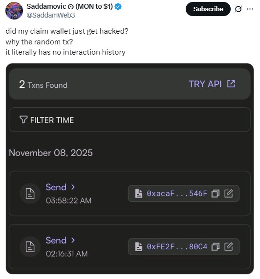 FreeSmileArt's tweet image. [🚨First hack on the Monad network ?🚨]

Testnet Monad users are reporting strange transactions on their wallets on November 8, even though they didn’t interact with them.

Hopefully, the team will clarify soon what might be causing this.

Tell us what happened ? @intern…