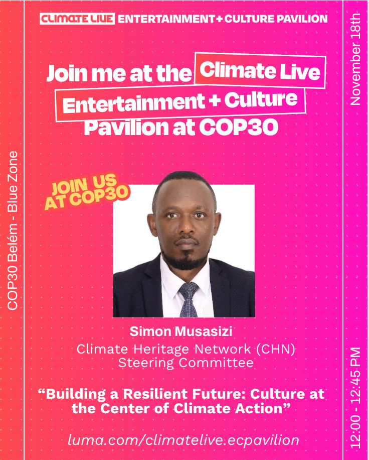 Heritage is climate action.
We’re proud to participate in the Climate Live Entertainment + Culture Pavilion at COP30!
Join <a href="/MusasiziSimon/">Simon Musasizi</a>, for a panel discussion on :
 Building a Resilient Future: Culture at the Center of Climate Actions
Learn more here 👉 luma.com/climatelive.ec…