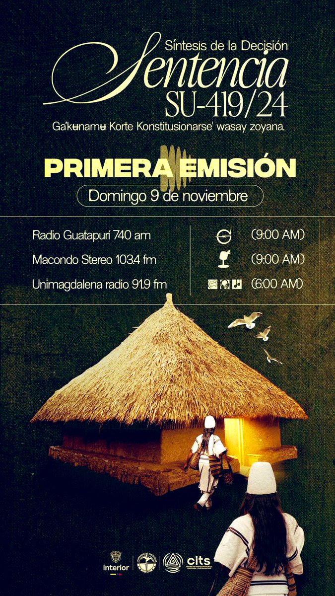 Confetayrona's tweet photo. Citados , se empieza a cumplir la sentencia
primera emisión  de la sentencia su-419 del 2024 9am
Dónde se dará lectura en español y será interpretada en lengua iku
Tambien lo pueden escuchar por la página web de la emisora @RadioGuatapuri 
https://t.co/5xDQzfhQF6 https://t.co/w81hTmHKfp
