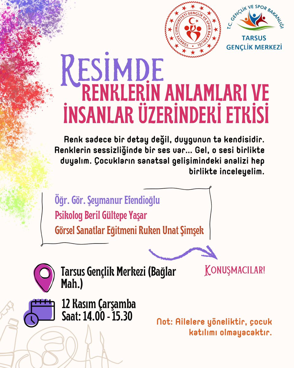 🎨 Resimde Renklerin Anlamı ve Etkisi
Renklerin duygular üzerindeki etkisi ve çocukların sanatsal gelişimindeki yeri üzerine keyifli bir bilgilendirme oturumu gerçekleştiriyoruz. Renklerin dilini birlikte keşfetmek isteyen aileleri bekliyoruz.#gsbgm #tarsusgm