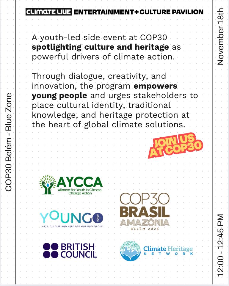 Youth voices are shaping the future of climate action!
Join us at the Climate Live Entertainment + Culture Pavilion for the panel discussion:
🗓️ November 18th | 12:00 – 12:45 PM (Blue Zone, Belém)