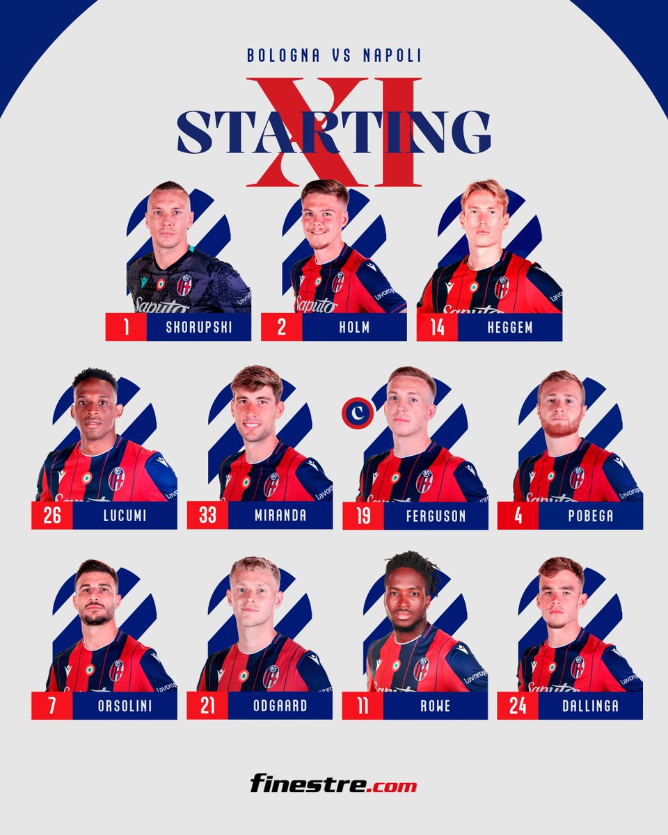 🔔 𝐅𝐎𝐑𝐌𝐀𝐙𝐈𝐎𝐍𝐄 🔔

I nostri 1️⃣1️⃣ per #BolognaNapoli 💪🔴🔵

Presented by Finestre.com 👉 bit.ly/4cnCEwp

#WeAreOne