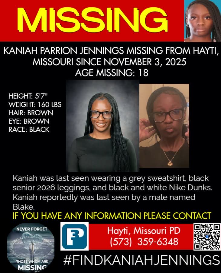 Please use your platforms to find Kaniah Jennings.

Kaniah was last seen on November 3.  

According to LE, she had been: Blake Patrick.

Kaniah was only 18 YO. 

Patrick was later arrested for stealing a car, but when they found him and the car, Kaniah was not there.

Very