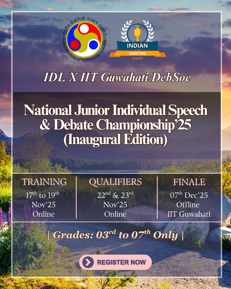 ThinkwithAugLi's tweet photo. The Indian Debating League set to takes you the IIT Guwahati this winter

National Jr Individual Speech &amp; Debate Championship 2025
🗓 22nd–23rd Nov 2025 |
📍Qualifiers - Online
📍Final Day - IIT Guwahati
👩‍🎓 Grade 3rd to 7th

Let your voice travel the India. 🌍💬 https://t.co/Kpu7CEPCeB