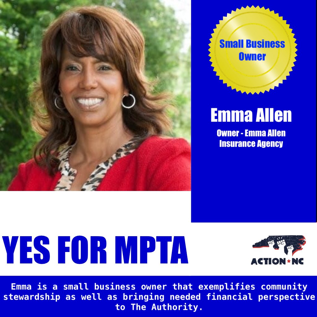 Action_NC's tweet photo. Action NC is honored to ENDORSE Emma Allen, a small business owner, and the owner of Emma Allen Insurance Agency, for the Small Business category on the newly forming Metropolitan Public Transportation Authority. #YesForMPTA https://t.co/9IRUzfz7kP