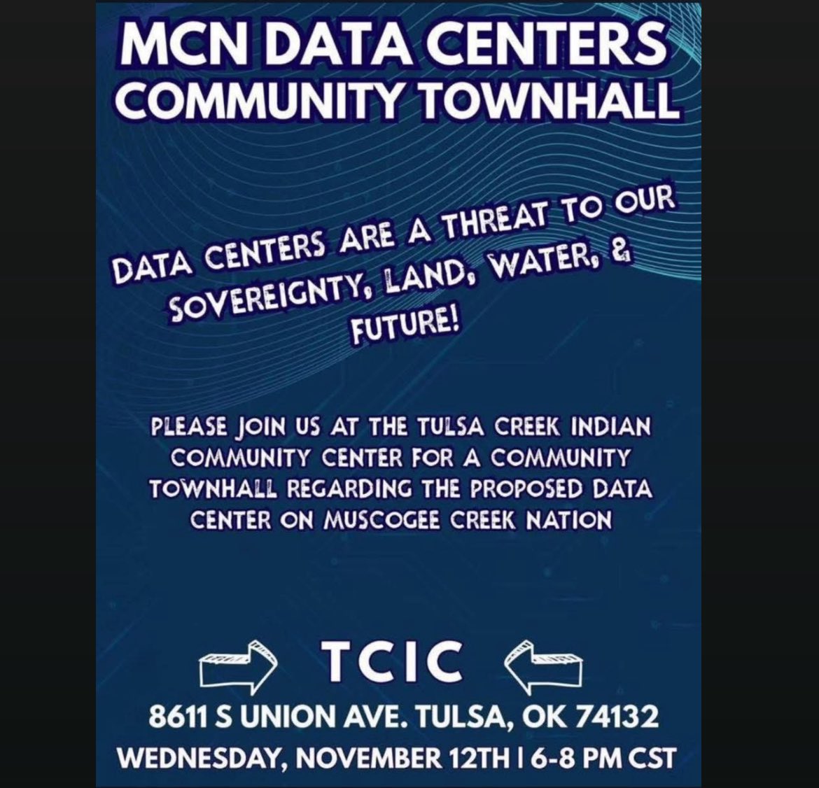 OKFirst2026's tweet photo. 🚨Muscogee Creek Nation is stepping into the Data Center issue! 🔥🔥🚨

REPOST: To everyone standing against the data centers planned to surround Greater Tulsa—from Owasso to Catoosa, Broken Arrow to Coweta, and Sand Springs—your fight is our fight. We hope to see you there. Let’s connect, organize, and push back together.
