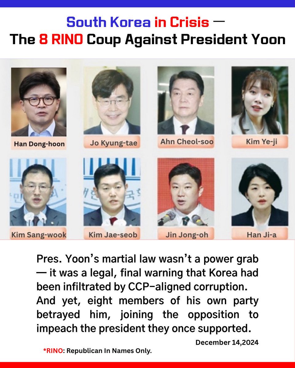 dkd_eks344's tweet photo. Pres. Yoon’s martial law was legal — a warning, not a threat.
8 RINOs betrayed him and sided with the opposition.
Korean conservatism paid the price.
Who do they really serve?

#RINO8 #FakeConservatives #CCPOUT #ImpeachmentCoup #StandWithYoon https://t.co/bwWKAYa0O8