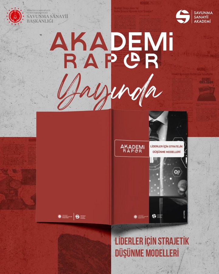 Report cover image in red and white colors displays title Akademi Rapor with subtitle Liderler Icin Stratejik Dusunme Modelleri above and below open book graphic showing abstract strategic elements like gears and networks on pages flanked by institutional logos of Savunma Sanayii Akademisi and related organizations in formal design
