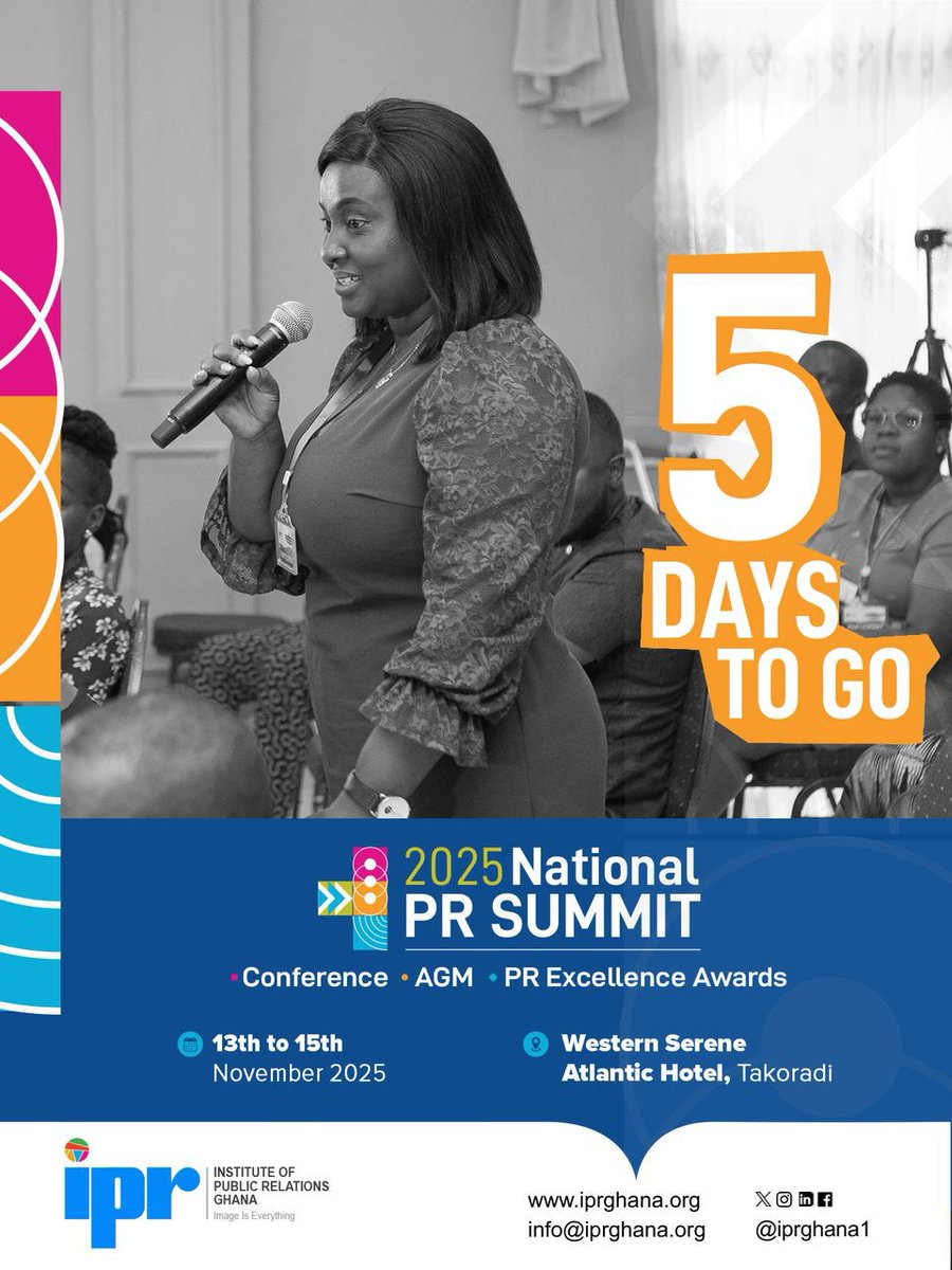 The excitement is real as we count down to the 2025 National PR Summit. A gathering of brilliant minds, bold ideas, and inspiring conversations under the theme: “Reimagining PR in a Contemporary World.”

#PRSummit2025 #IPRGhana #ReimaginingPR #PRExcellence #ImageIsEverything