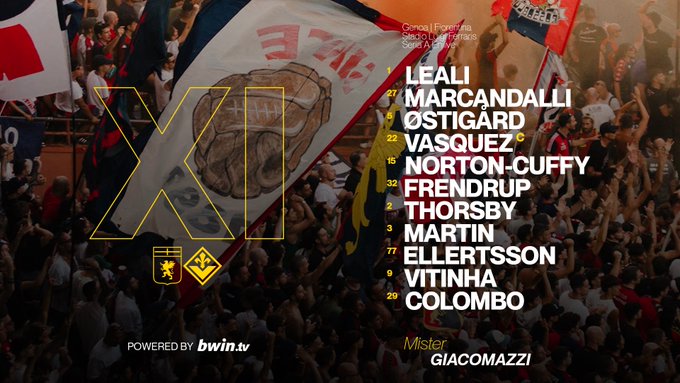 Graphic displays Genoa CFC starting XI with goalkeeper Leali and defenders Candela Ostigard Norton-Cuffy Thorsby midfielders Martin Badelj Frendrup Vasquez attackers Mallegni Gudmundsson Vitinha Italian and English flags team crest sponsor Bwin logo and coach Gilardino name at bottom.