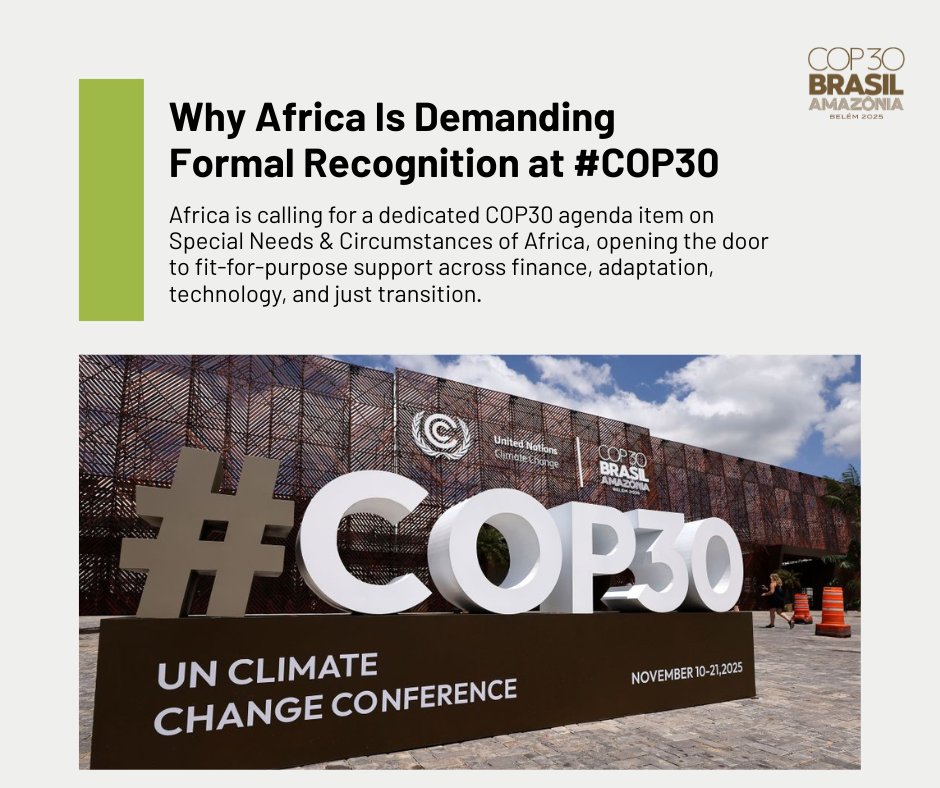 Why Africa Is Demanding Formal Recognition at #COP30

Africa is the most climate-impacted region in the world, yet it still has no formal recognition under the UNFCCC, unlike LDCs and SIDS. This is a political erasure. 

Africa’s climate vulnerability is structural: 
🟩 Highest