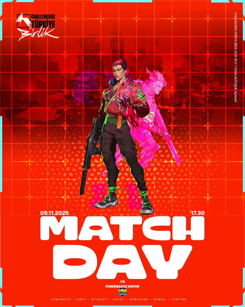 120 yıllık köklü REIGNITED tarihinin en önemli maçına geldik. Kazanan herşeyi alır.

📝VCL TR Birlik Yükselme Turnuvası Karar Maçı
🆚<a href="/FBespor/">Fenerbahçe Espor</a>
🕕18:00 TSİ
📺twitch.tv/valorant_tur