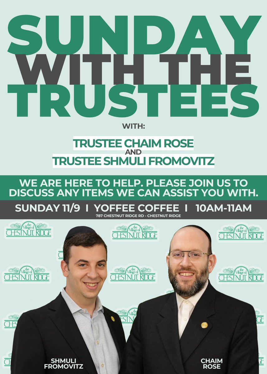 Please join Trustees Rose and Fromovitz for Sunday with the Trustees at <a href="/Yoffee_Coffee/">Yoffee Coffee</a>'s Chestnut Ridge location.