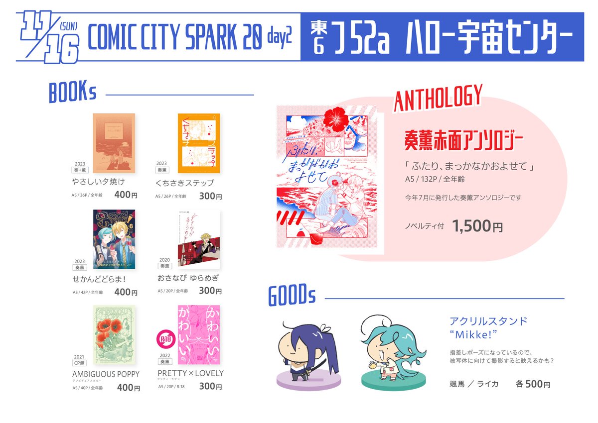 お品書きの画像貼っときます
個人誌の既刊もそこそこ少なくなってきてるので気になりましたらお早めに！