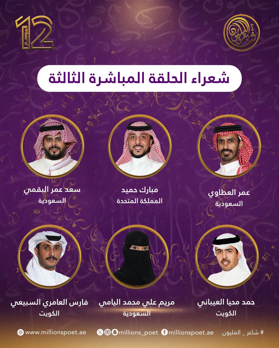 ستة شعراء… يقفون على مسرح شاطئ الراحة، يجمعهم شغف القصيد وحلم البيرق.. 
أمسية مفعمة بالتحدي والإبداع، يقدّمون فيها أجمل ما كتبوا  أمام لجنة التحكيم والجمهور.

ترقّبوا الحلقة القادمة من شاعر المليون 12… حيث تتجدّد المتعة في أضخم مسابقة في عالم الشعر النبطي.

#شاعر_المليون_12
