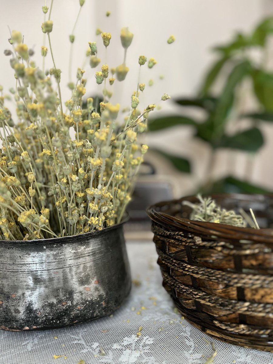 Annemin verdiği bakır kaba bir iki demet kuru çiçek koymanın şükrü ile 𓅫