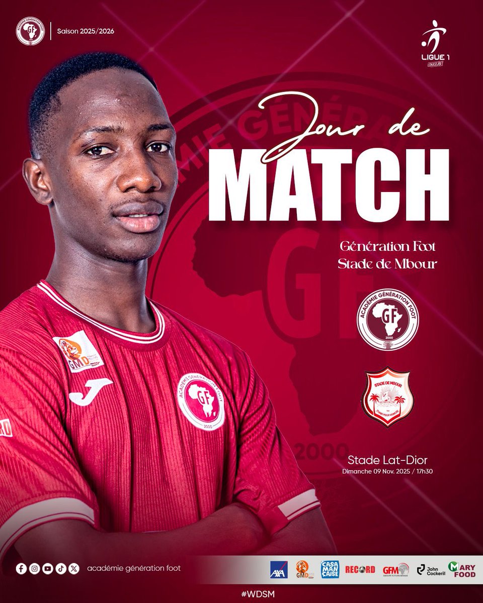 GFoot_Senegal's tweet photo. GameDay / Jour de match ⚔️💪🏾
Nos grenats reçoivent aujourd’hui le Stade de Mbour pour la 2e journée du championnat ⚪️🔴
#gf #generationfoot #saison20252026 #championnat #football #senegal https://t.co/mNpACs8E0v