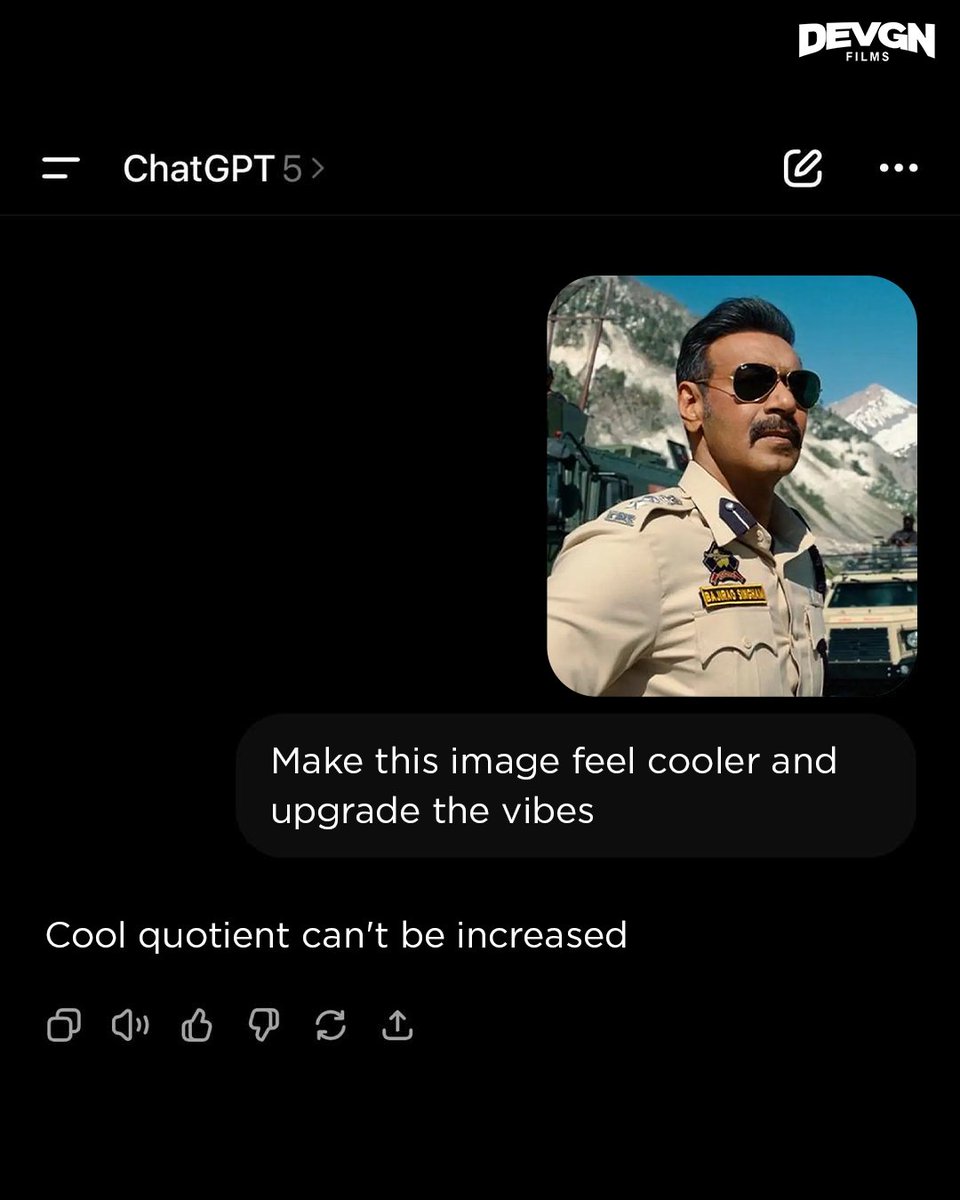 ADFFilms's tweet image. Hence proved, GPT could never! 

#DevgnFilms #AjayDevgn 

[Bollywood, Singham Again, U Me Aur Hum, All The Best, Son Of Sardaar 2, Kajol, Mrunal Thakur, Sanjay Mishra, ChatGPT, Prompt, AI, Hindi Movies, Action, Comedy, Romance]