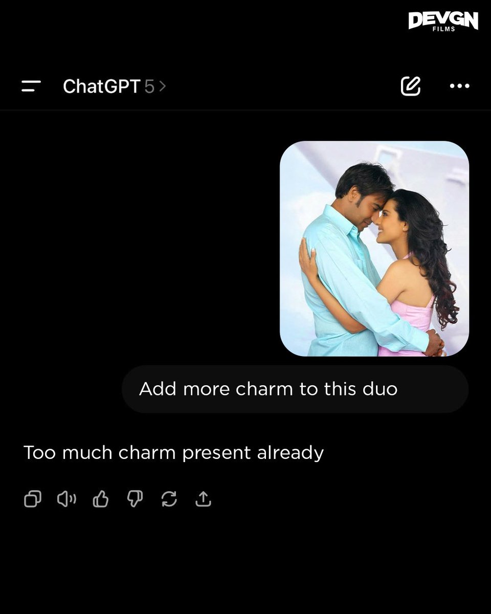 ADFFilms's tweet image. Hence proved, GPT could never! 

#DevgnFilms #AjayDevgn 

[Bollywood, Singham Again, U Me Aur Hum, All The Best, Son Of Sardaar 2, Kajol, Mrunal Thakur, Sanjay Mishra, ChatGPT, Prompt, AI, Hindi Movies, Action, Comedy, Romance]