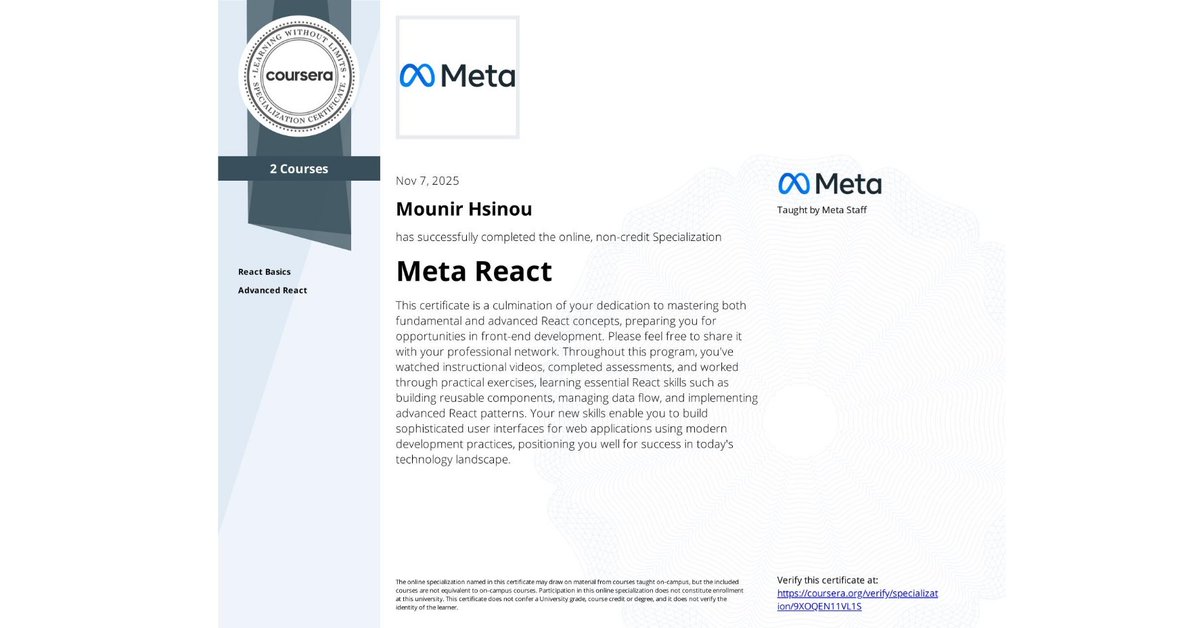mounirhsinou's tweet image. Meta React!  coursera.org/share/c6aae935… #Coursera 
#devweb #react