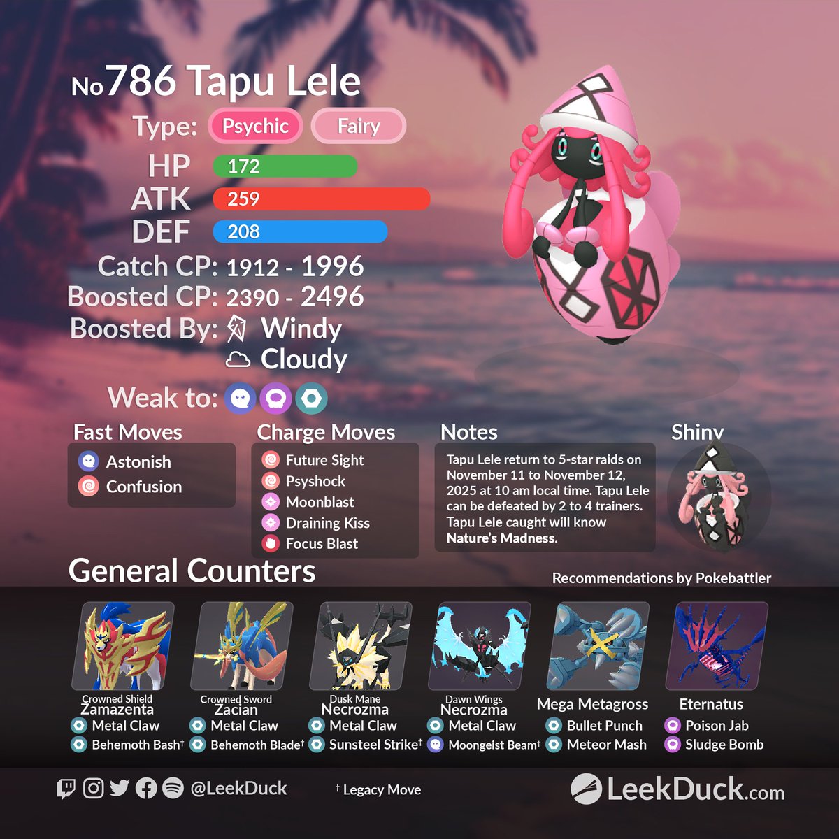 During the Into the Wild event, the Pokémon featured in 5-star raids will change each day. 

Monday, November 10 - Shadow Lugia and Shadow Ho-Oh 
Tuesday, November 11 - Tapu Koko and Tapu Lele 

(1/2)

Join global raids with Raid NOW:
🥊 raidnow.leekduck.com