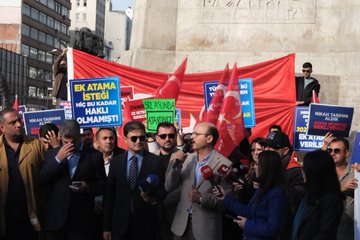 Group of people holding banners and Turkish flags in front of a tall statue of a man on horseback atop a pedestal surrounded by urban buildings under a clear sky. Banners in Turkish text demand equal rights and additional teacher appointments with numbers like 76 branches. Another image shows a bald man in suit shaking hands with a young boy holding a blue banner saying KIZILAY ATAMA with crowd around. Third image displays multiple protesters with various Turkish banners about teacher demands and union support in front of a monument. Fourth image features men and women in formal attire speaking to media with microphones near red banners and Turkish flags against a city backdrop.