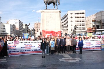 Group of people holding banners and Turkish flags in front of a tall statue of a man on horseback atop a pedestal surrounded by urban buildings under a clear sky. Banners in Turkish text demand equal rights and additional teacher appointments with numbers like 76 branches. Another image shows a bald man in suit shaking hands with a young boy holding a blue banner saying KIZILAY ATAMA with crowd around. Third image displays multiple protesters with various Turkish banners about teacher demands and union support in front of a monument. Fourth image features men and women in formal attire speaking to media with microphones near red banners and Turkish flags against a city backdrop.