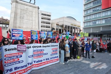 Group of people holding banners and Turkish flags in front of a tall statue of a man on horseback atop a pedestal surrounded by urban buildings under a clear sky. Banners in Turkish text demand equal rights and additional teacher appointments with numbers like 76 branches. Another image shows a bald man in suit shaking hands with a young boy holding a blue banner saying KIZILAY ATAMA with crowd around. Third image displays multiple protesters with various Turkish banners about teacher demands and union support in front of a monument. Fourth image features men and women in formal attire speaking to media with microphones near red banners and Turkish flags against a city backdrop.