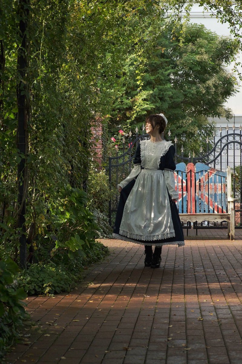 お気に入りの半袖ドレスをどうしても秋薔薇と撮りたくて、
ドレスに合わせたアームウォーマーとエプロンを自作しました。