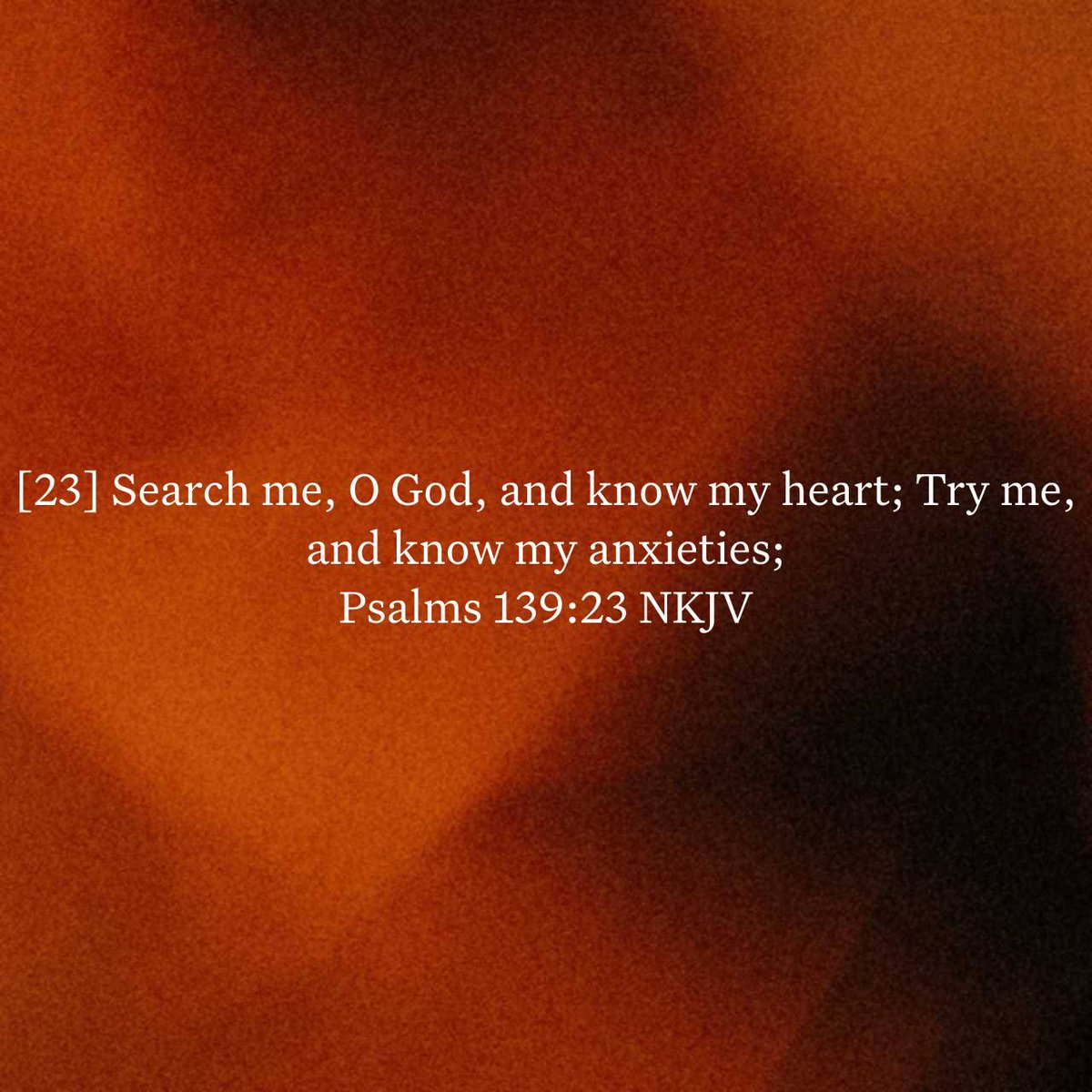 Psalms 139:23 NKJV
[23] Search me, O God, and know my heart; Try me, and know my anxieties;