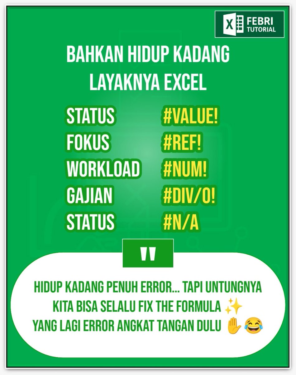 febri_tutorial's tweet image. Yang penting lembur dihitung ✅
Work-life balance nyusul… entaran 😅

💚 Save kalau Excel sudah jadi sahabat terbaikmu!

Butuh teman kerja sambil ngopi?
Download Excel Ebook di bio

#excel #reallife #realita #executable