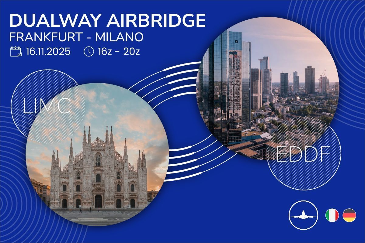 Piloten aufgepasst: am Sonntag, 16. November könnt ihr von Europas Bankenhauptstadt Frankfurt a.M. in die Modehauptstadt Mailand fliegen. Zwischen 16z - 18z warten die deutschen Lotsen und ihre italienischen Kollegen auf eure Flüge! #IVAO #IVAOGermany #VirtualAviation