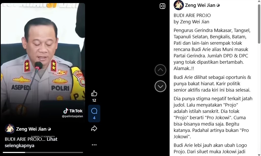 ORANGNYA DASCO SUDAH BICARA...

BUDI ARIE PROJO
by Zeng Wei Jian

Pengurus Gerindra Makasar, Tangsel, Tapanuli Selatan, Bengkalis, Batam, Pati dan lain-lain serempak tolak rencana Budi Arie alias Muni masuk Partai Gerindra. Jumlah DPD &amp; DPC yang tolak dipastikan bertambah.