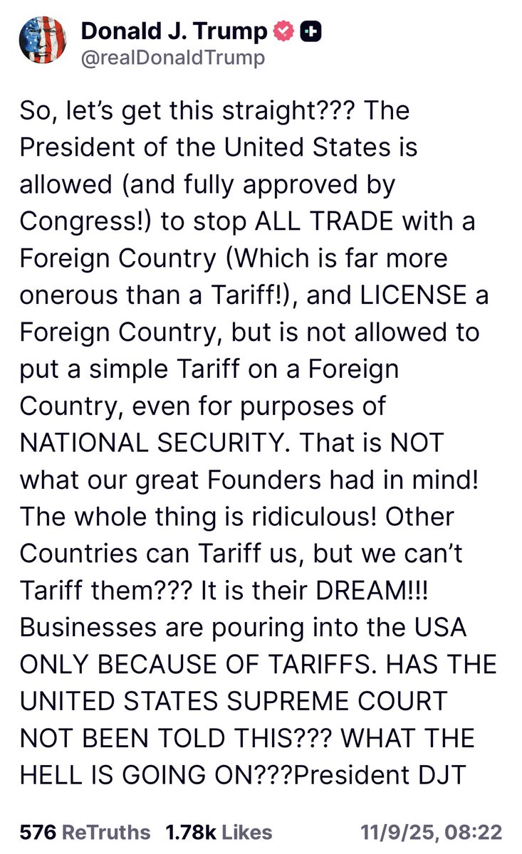 トランプ「米大統領は……たとえ国家安全保障のためであっても外国に単純な関税を課すことは許可されていない。これは偉大な建国の父たちが考えていたことではない。すべてがばかげている！」。ちゃんと法律を分かっているんじゃないか