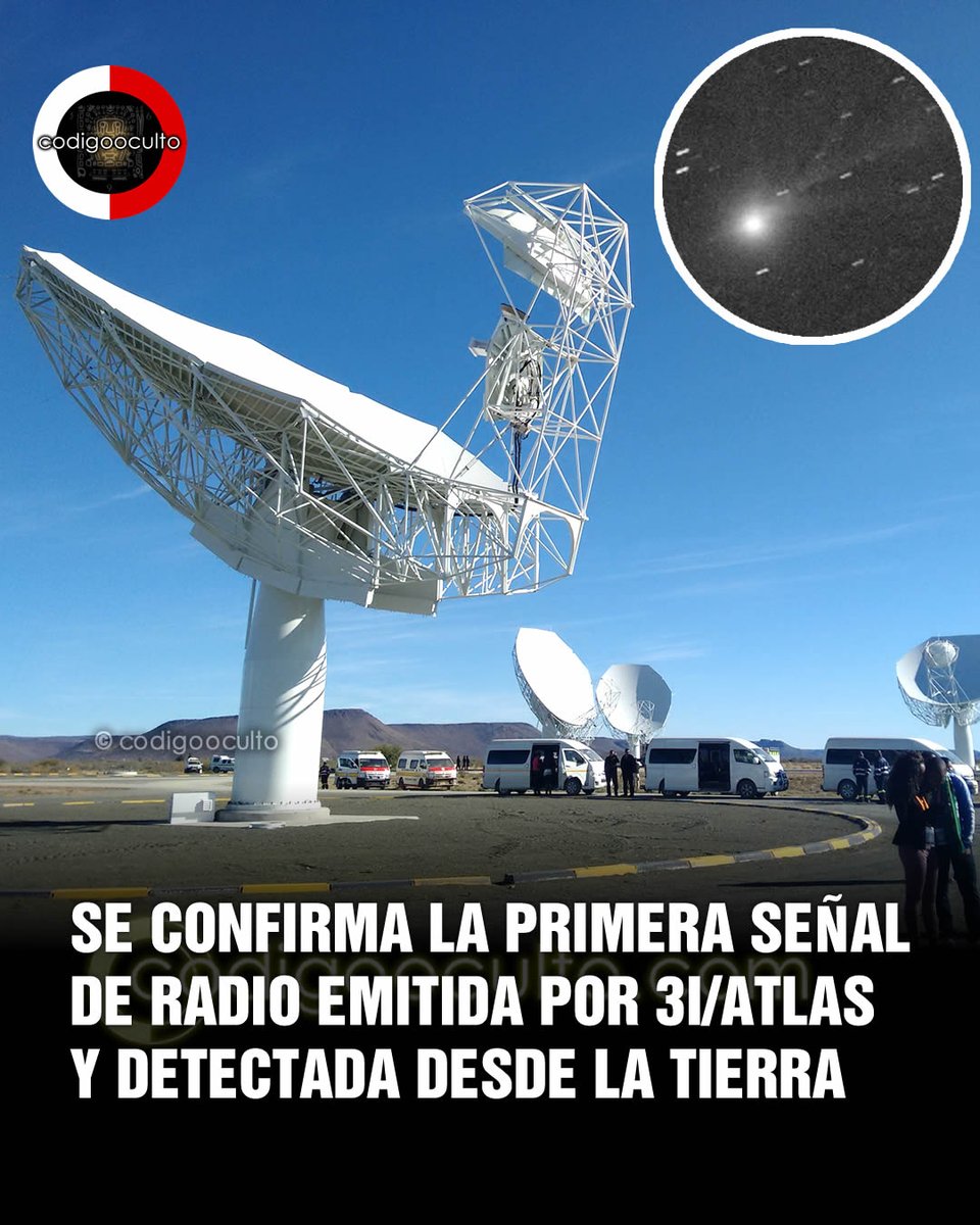 exploracionovni's tweet photo. Por primera vez, un objeto interestelar ha emitido una señal de radio que pudo ser registrada desde la Tierra. Se trata de 3I/ATLAS, un viajero proveniente del espacio profundo que sorprendió a los astrónomos al mostrar indicios de radicales hidroxilo (OH) presentes en su entorno, revelando una composición más compleja de lo que se creía.

El radiotelescopio MeerKAT, ubicado en Sudáfrica, logró detectar una débil pero clara señal de radio proveniente de la dirección de 3I/ATLAS. En el espectro aparecieron líneas de absorción correspondientes a radicales hidroxilo (OH)... 👇