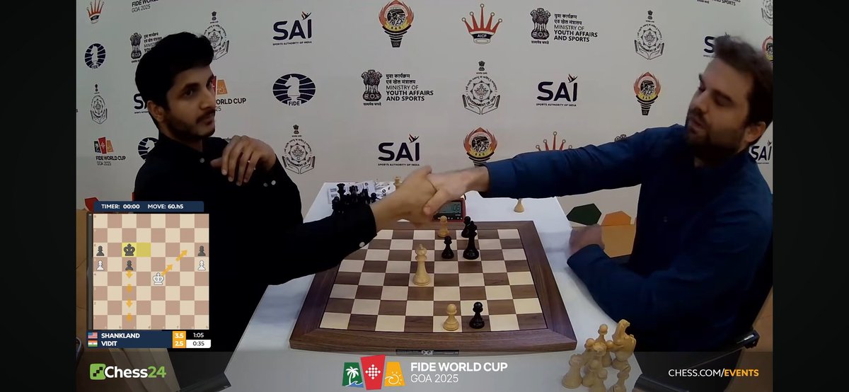 It's a resignation, and Sam wins his match against Vidit!
Karthik also won his tie-break match against Bogdan Deac, and we will see them both in round 4 of the FIDE World Cup!