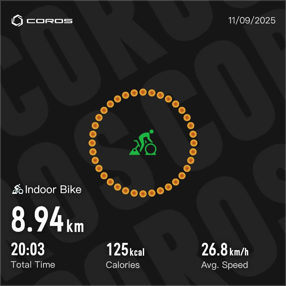 スピンバイク
　20分
　(11月合計20分)

補強
　バーピージャンプ 30回
　膝ころ　30回
　ケトルベルスイング 90回
　縄跳二重跳び 300回
　(11月計90回/90回/270回/900回)
#サブエガ  #coros #pacepro